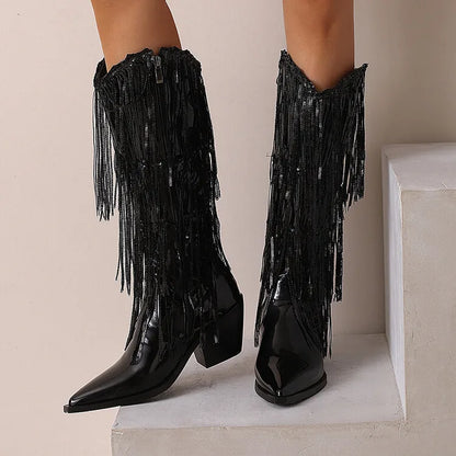 Bottes western à sequins et pompons, noires et argentées, courtes, en peluche, automne/hiver, talon de 6,5 cm, style bohème, hauteur genou, pointures 36 a 46.