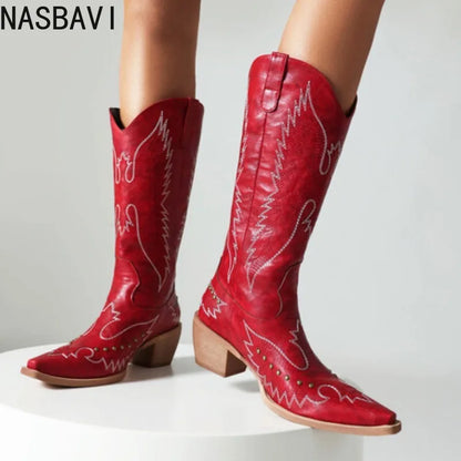 NASBAVI Red Western Cowboy Boots for Women Embroidered Pointed Toe Shoes Knee High Wide Calf Cowgirl Boots