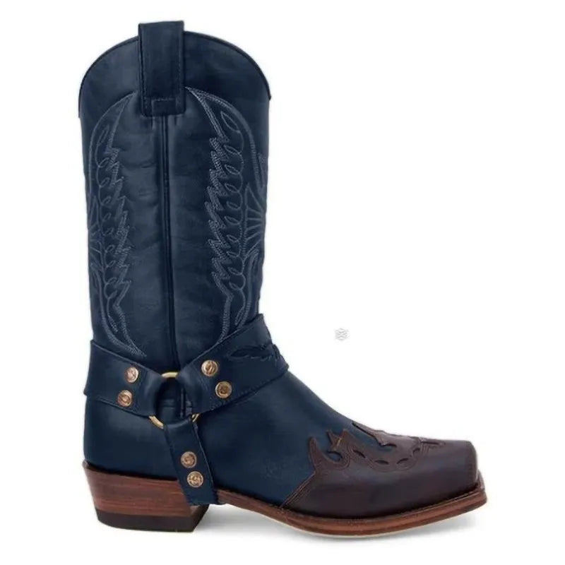 2025 Luxury Foreign Trade New Men's Square Head European and American Embroidery Men's Leather Knight Boots Low Heel Men's Shoes