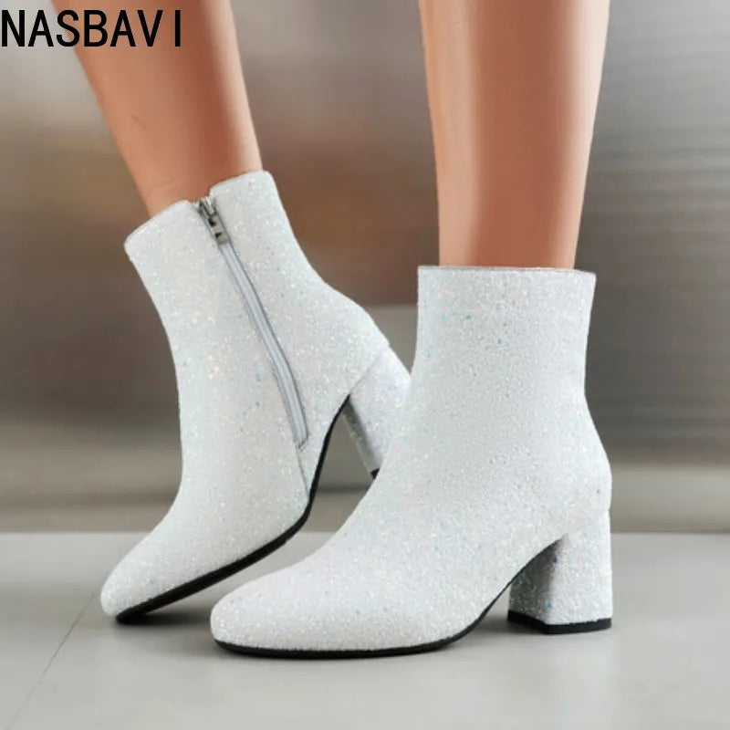 Luxury Women's Ankle Boots Gold Silver Black Short Boot Zipper Block Low Heels Dance Party Winter Shoes Lady Big Size 45 Brand
