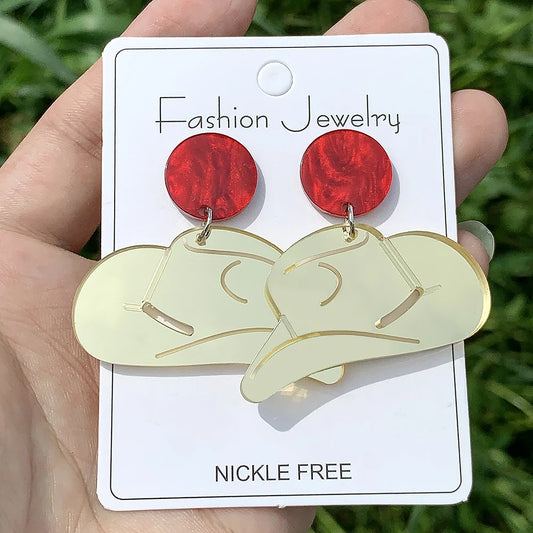 Boucles d'oreilles en acrylique faites à la main pour femmes et filles, chapeau de cow-girl occidental, bijoux de campagne à paillettes, cadeaux sympas