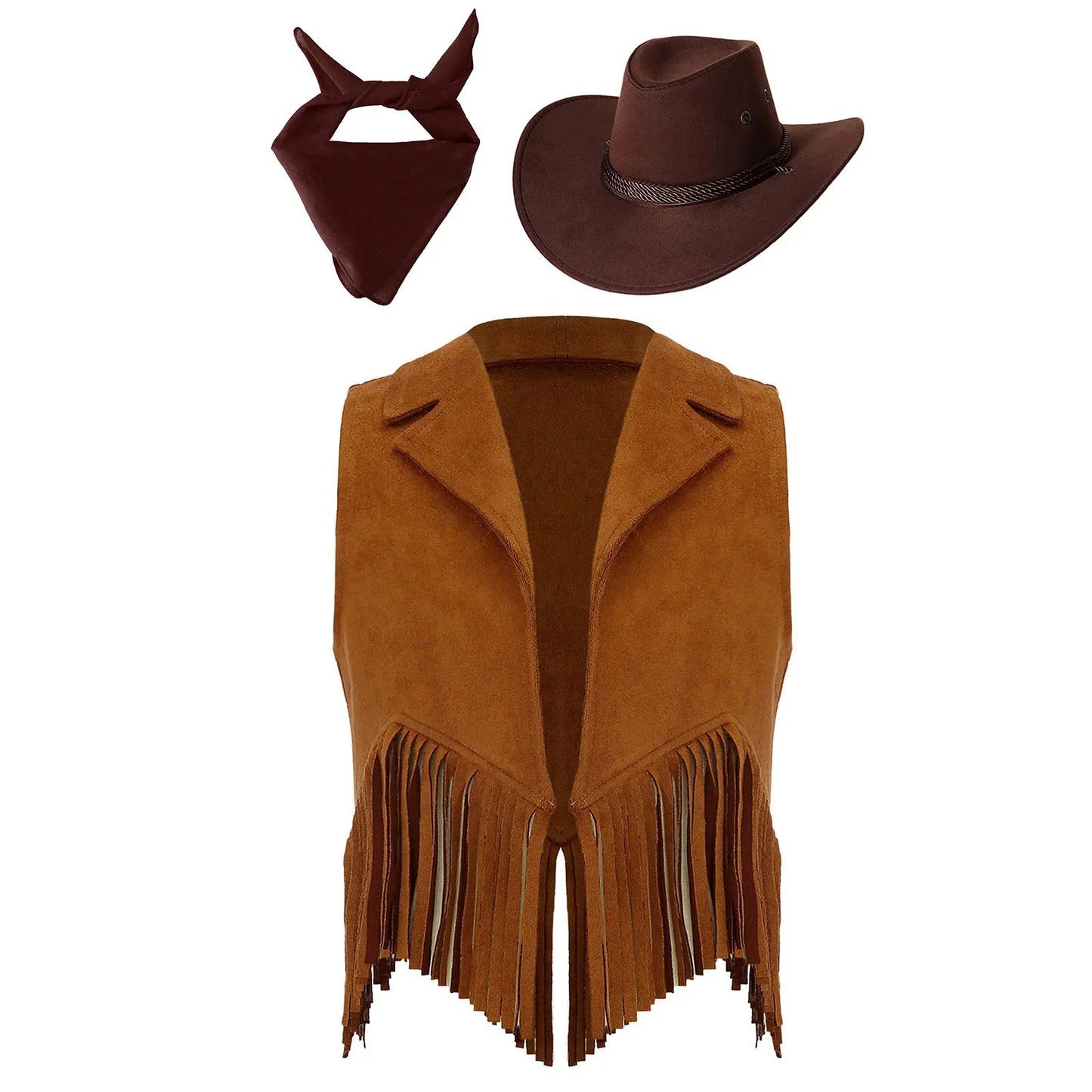 Costume de cosplay Western Cowboy Cowgirl pour enfants, glands en fibre de daim, chapeau glacé, ensemble bandana, habillage de fête à thème Halloween