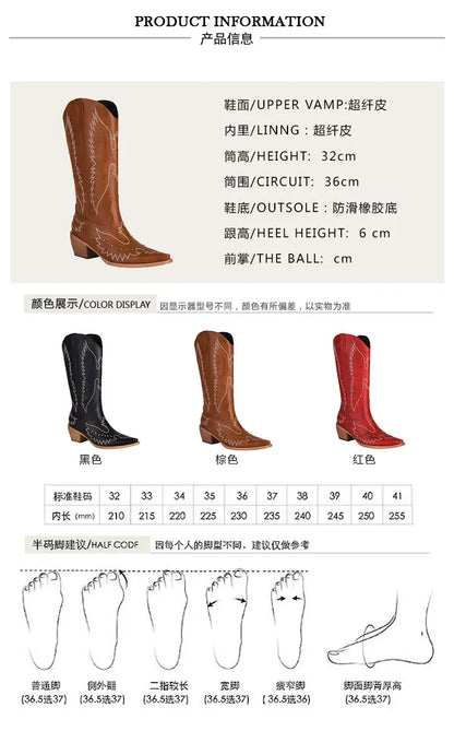 NASBAVI Red Western Cowboy Boots for Women Embroidered Pointed Toe Shoes Knee High Wide Calf Cowgirl Boots