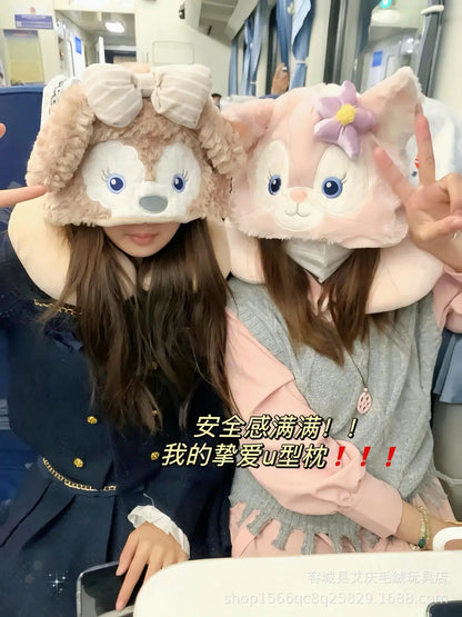 Cartoon plush Stitch Ling Nabelle U-shaped pillow with hooded neck pillow travel car plane office nap artifact girl gifts
