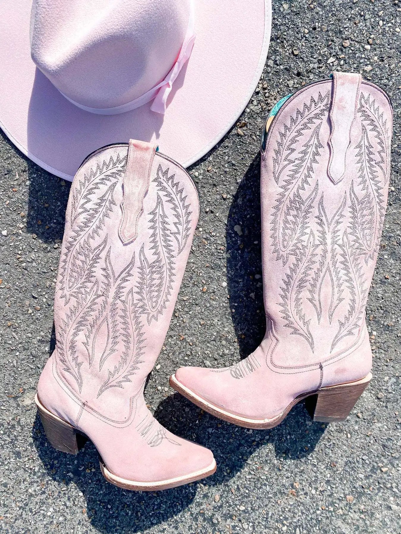 Best - Selling Vintage Pink Embroidered Western Cowboy Boots, Women's Pointed Toe Chunky Heel Slimming Knee - High Rider Boots
