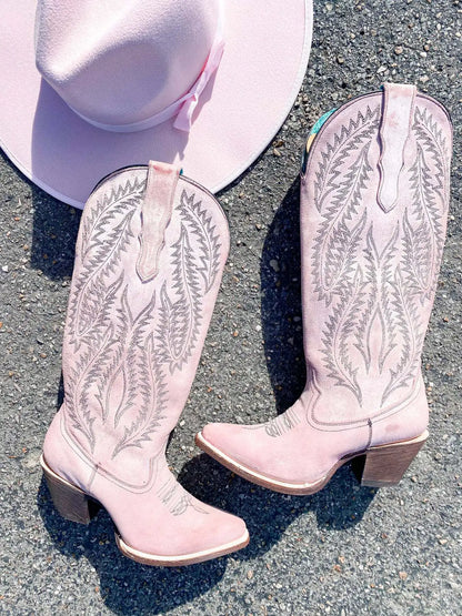 Best - Selling Vintage Pink Embroidered Western Cowboy Boots, Women's Pointed Toe Chunky Heel Slimming Knee - High Rider Boots