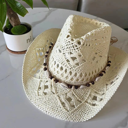 Chapeau de paille bohème d'été pour femmes et hommes, chapeaux de Cowboy de plage, perles en bois ajourées, chapeau de soleil oc