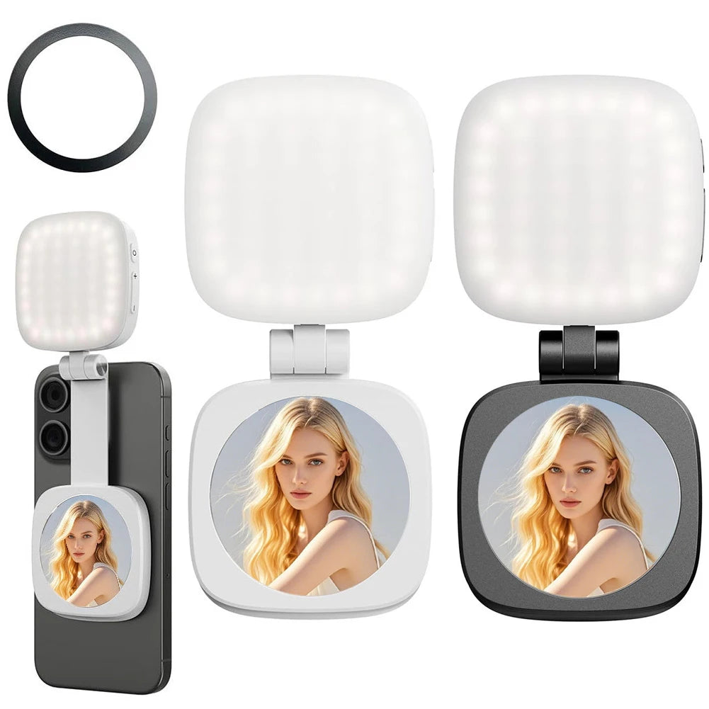 Magnetic Phone Selfie Light Mobile Phone Fill Light with Mirror Folding LED Phone Fill Light Rechargeable for Makeup Photography