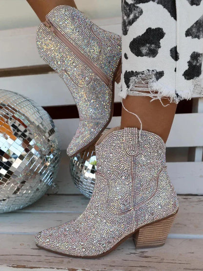 Western Cowboy Boots Fashion Women Ankle Boots Glitter Bling Shiny Trend High Heels High Quality Shoes