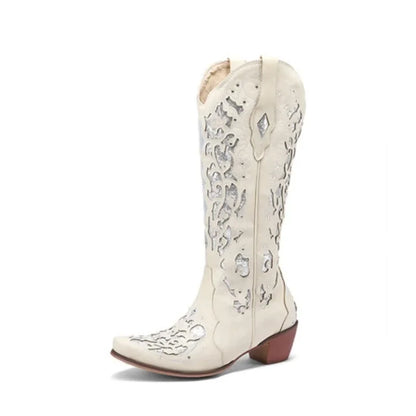 Women Embroidered White Western Cowboy Boots Block Heel Pull-On Pointed Toe Crystal Cowgirl Booties
