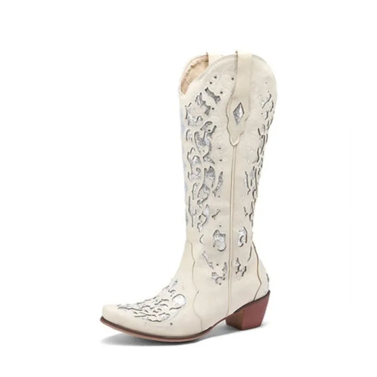 Women Embroidered White Western Cowboy Boots Block Heel Pull-On Pointed Toe Crystal Cowgirl Booties