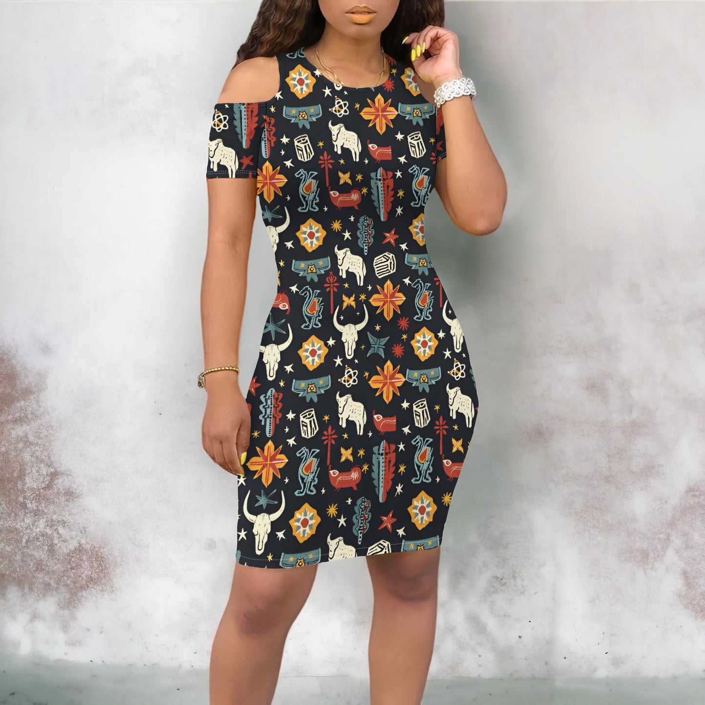 Western Cowgirl Cold Shoulder Dress S-3XL Retro Rodeo Print for Country Festival, July 4th Party or Southwestern Theme Look