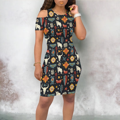 Western Cowgirl Cold Shoulder Dress S-3XL Retro Rodeo Print for Country Festival, July 4th Party or Southwestern Theme Look