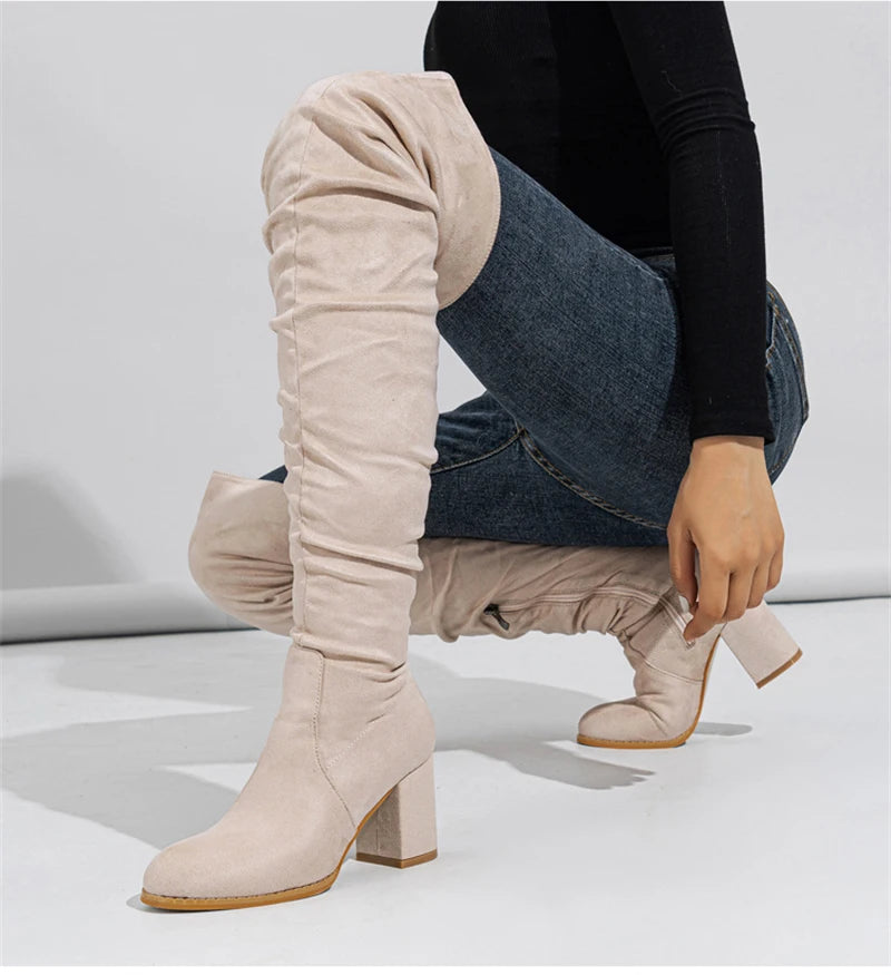 Liyke 2025 Autumn Winter Black Brown Over The Knee Boots Women Sexy Pointed Toe Zip Thigh High Shoes Square Heels Booties Femme