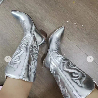 Bottes de cowboy western pour femmes, chaussures roses brillantes métalliques brodées à bout pointu et à talons aiguilles, disponibles en dropshipping.
