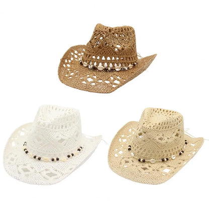 Chapeau de cowboy en paille pour hommes et femmes, chapeau de cow-girl occidental avec bord façonnable, chapeau de paille rétro tissé ajouré, chapeaux de soleil côtiers de plage