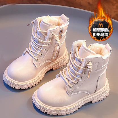 Kids Leather Chelsea Boots Waterproof Non-slip Autumn Winter Plush Warm Snow Boots Children Casual Sneakers Fashion Shoes Girls