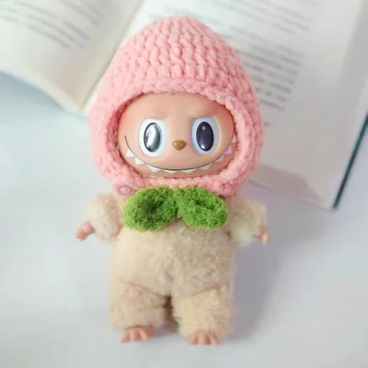 Labubu doll pendant, rubber doll clothes, rabubu v2v1 sitting party head cover hat heartbeat macaron 17cm 15CM