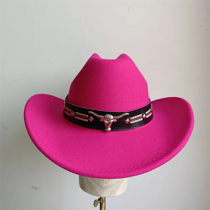 Chapeau de cowboy de style ethnique, tendance, chic, unisexe, couleur unie, avec décoration en forme de taureau, style western
