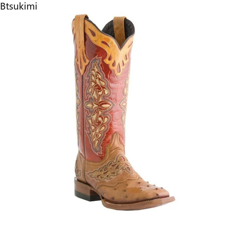 Autumn and Winter Women's Square Toe Thick Heel Colorful Patterned Knight Boots Embroidered Color-Blocked No Slip Women Boots