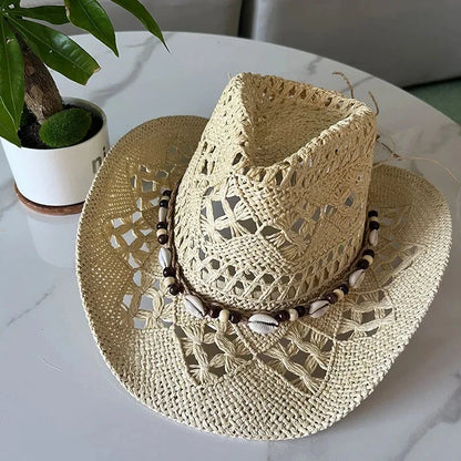 Chapeau de paille bohème d'été pour femmes et hommes, chapeaux de Cowboy de plage, perles en bois ajourées, chapeau de soleil oc