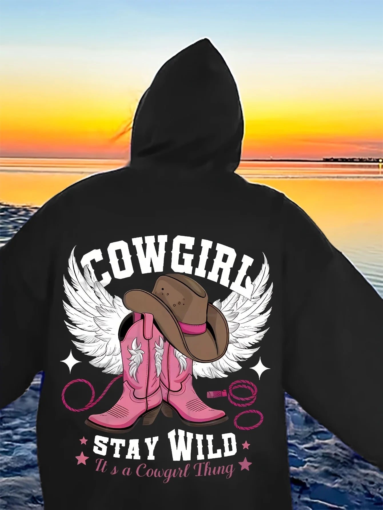Western Chic Cowgirl Hoodie Soft Stretch Long Sleeve Pullover Sweatshirt with Hood Embroidered Cowboy Hat and Boots