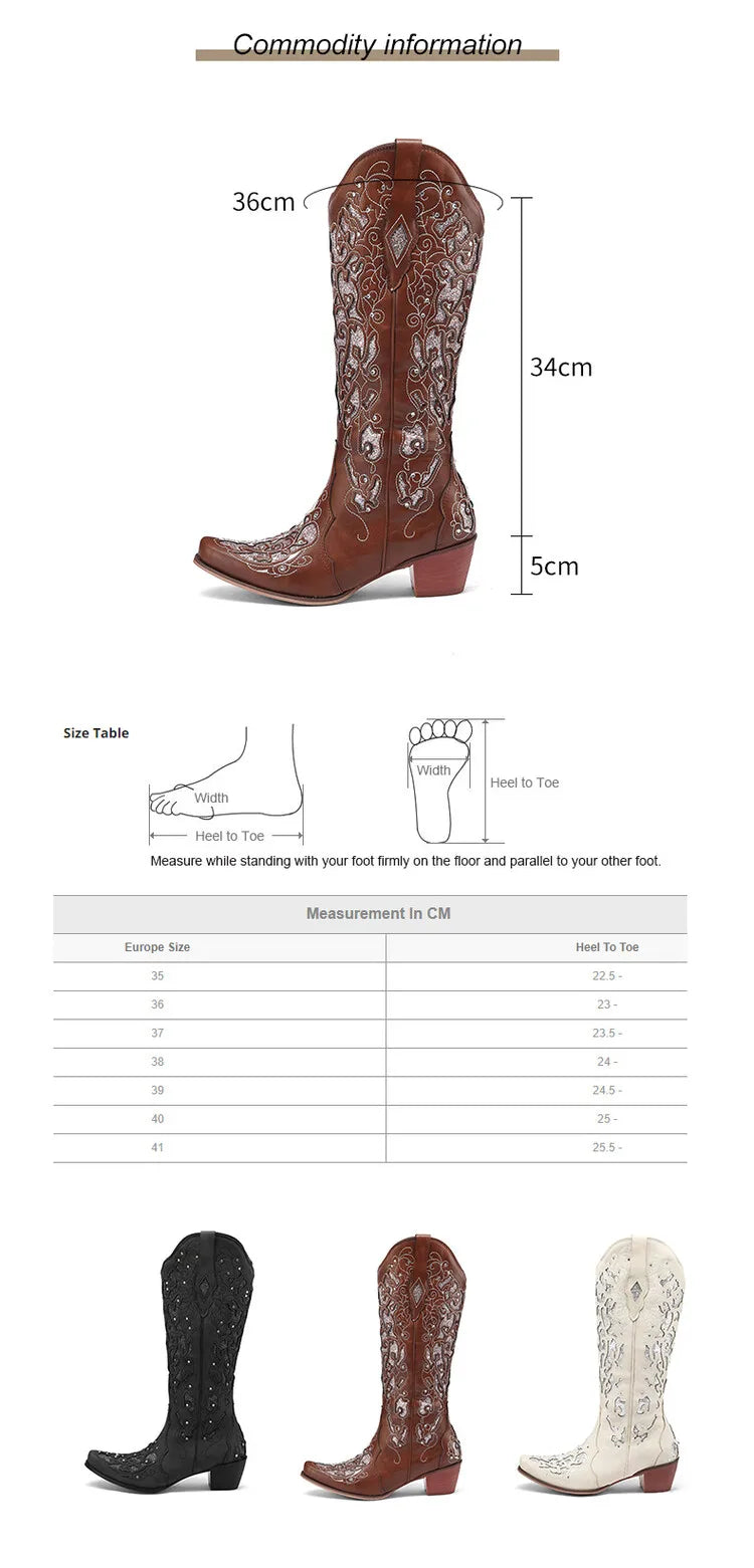 Women Embroidered White Western Cowboy Boots Block Heel Pull-On Pointed Toe Crystal Cowgirl Booties