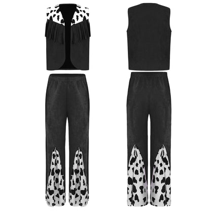 Kids Child Halloween Western Cowboy Cowgirl Cosplay Costume Cow Print Tassels Vest and Flared Pants Set Carnival Party Dress Up