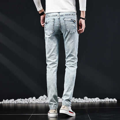 Jean slim slim pour homme, nouveau design élastique coréen, mode multi-boutons, bleu, blanc, délavé vintage, coton extensible, pantalon en denim