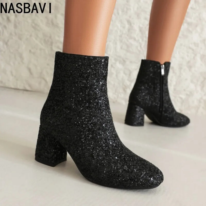 Luxury Women's Ankle Boots Gold Silver Black Short Boot Zipper Block Low Heels Dance Party Winter Shoes Lady Big Size 45 Brand