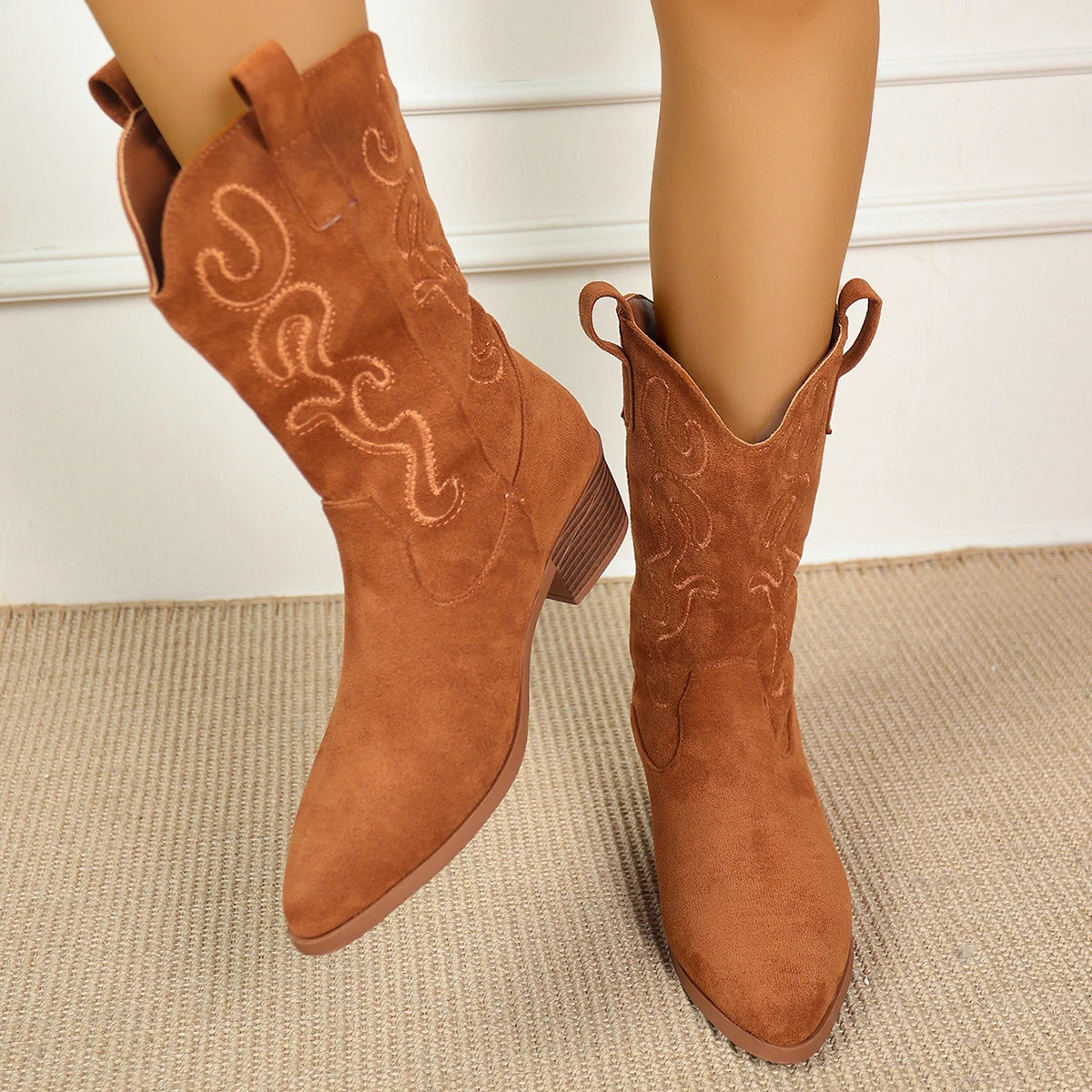 Embroidered Western Cowboy Boots for Women Autumn Pointed Toe Thick Heel High Knee Boots Woman Loose PU Leather Long Botas Mujer