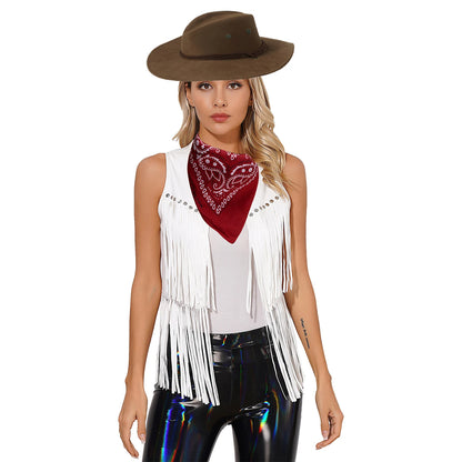 Gilet de cowboy pour femme, costume de cosplay, en faux daim, avec pompons et rivets, pour Halloween, avec bandana
