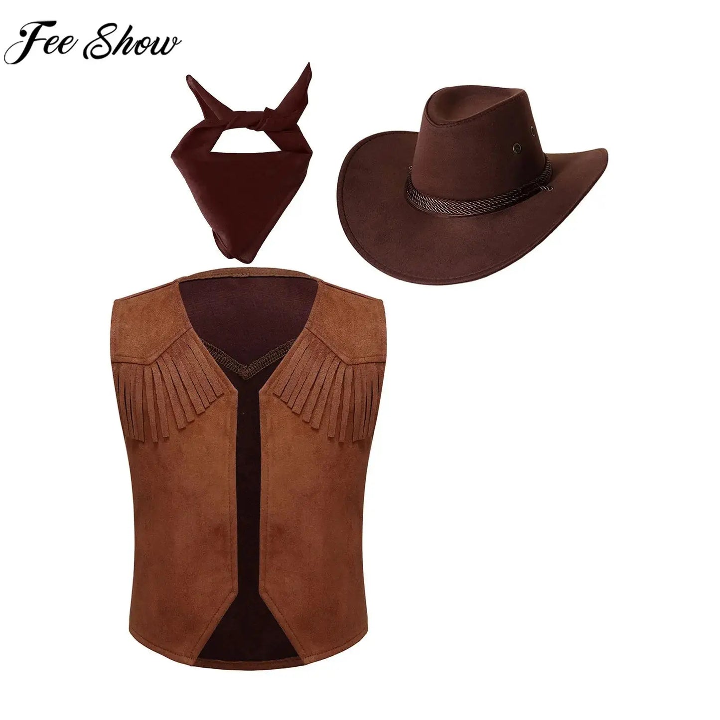 Kids Halloween Western Cowboy Cowgirl Cosplay Costume Retro Fringe Vest Waistcoat with Paisley Bandanna Hat for Carnival Party