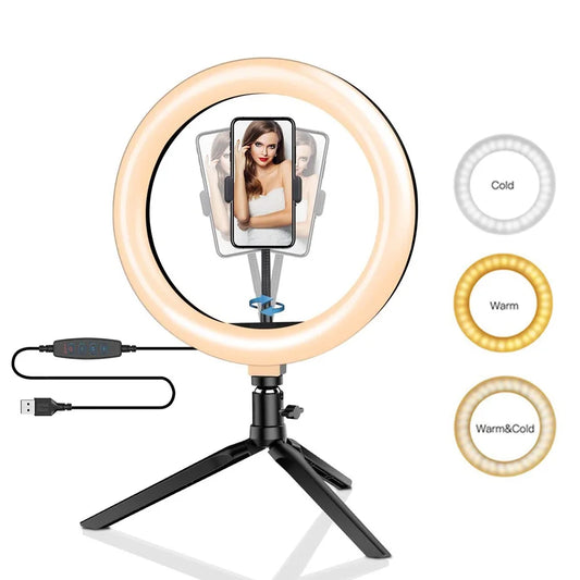 Anneau lumineux Led pour Selfie, 26cm, 10 pouces, Kit d'éclairage pour photographie, lampe de Charge Usb avec trépied pour vidéo en direct, 120 perles