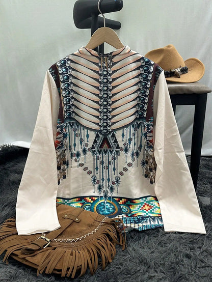 Chemise à manches longues pour femme, style ethnique occidental, imprimé, mode, sexy, décontractée, slim