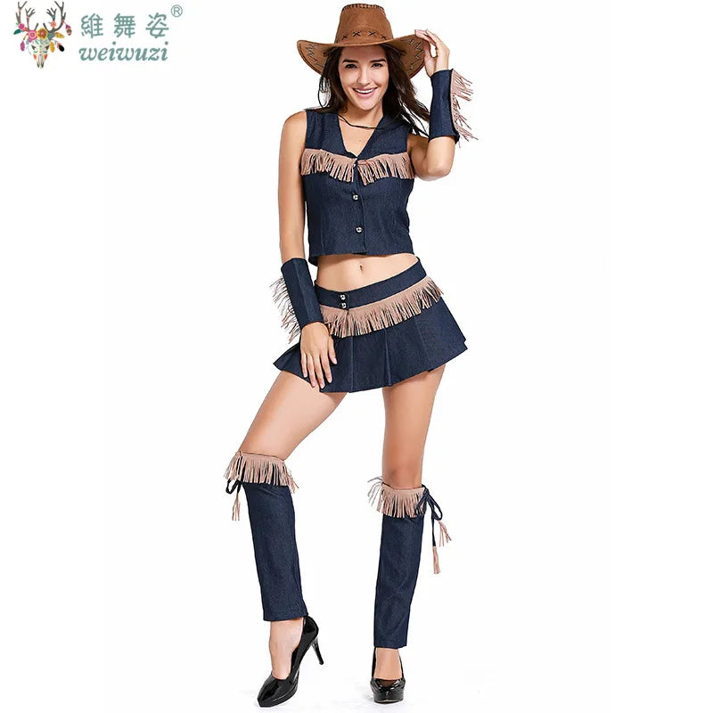 Carnival Halloween Lady Sexy West Cowboy Costume Prairie Pioneer Cowgirl Tassels Clubwear Roleplay Cosplay Party Fancy Dress