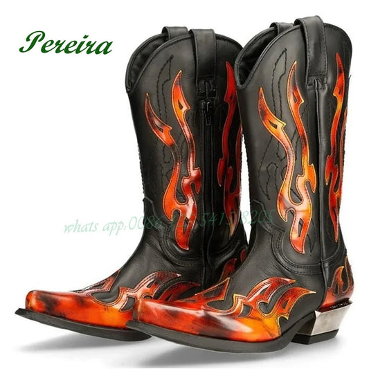 Fire-like Gladiator Men Boots Round Toe Knee High Boots Chelsea Boots Patchwork Slip On 2023 New Casual Shoes Leather Party