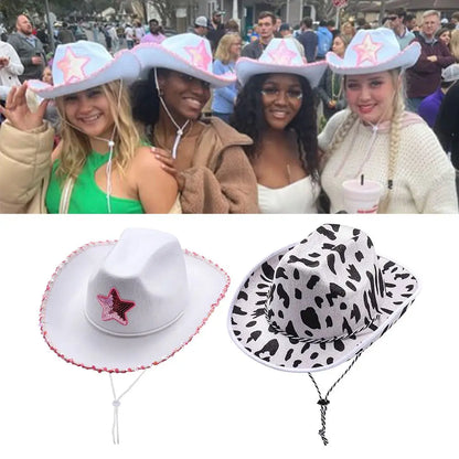 Chapeau de cow-girl blanc, chapeau de cow-girl étoile rose avec bordure à paillettes, frange, cou réglable, cordon de serrage, chapeau de cowboy adulte pour fête costumée