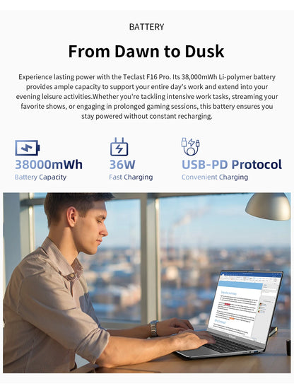 Ordinateur portable Teclast F16 Pro, Windows 11 Pro, processeur Intel N95, F16Pro, 16 Go de RAM, 512 Go de SSD, écran IPS 15,6 pouces 1920 x 1080, Wi-Fi 6, USB 3.2, clavier rétroéclairé, mini-HDMI