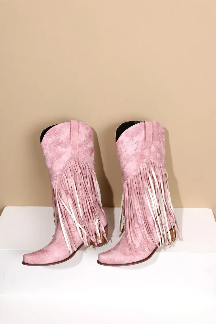 Nouvelles bottes de cowboy rétro ethniques pour femmes avec pompon à talon moyen, chaussures d'hiver pour femmes