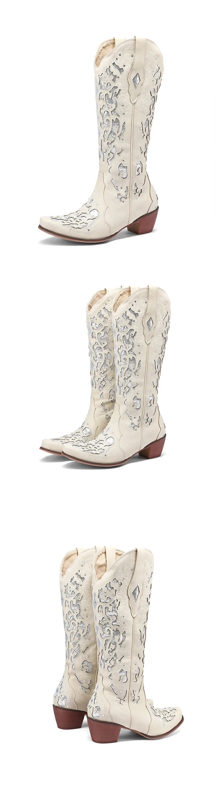 Women Embroidered White Western Cowboy Boots Block Heel Pull-On Pointed Toe Crystal Cowgirl Booties