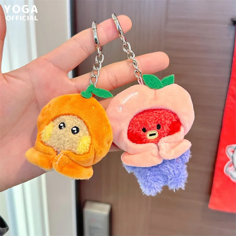 Anime BT21 Plush Pendant Cartoon Tata Koya Doll Keychain Cute Fruit Hood Series Key Chain Wholesale Girl Bag Pendant Gift