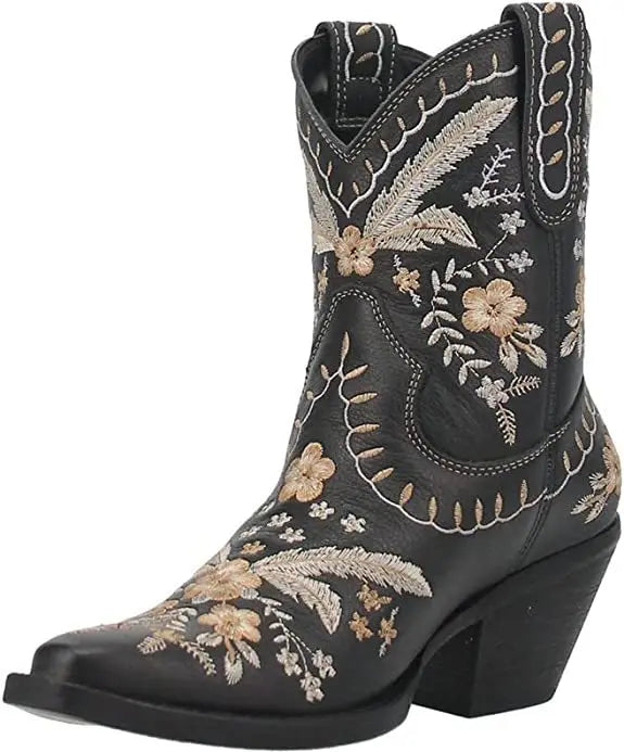 New 2025 Embroidered Western Boots For Women Ankle Bootie Cowboy Cowgirls Flower Print Fashion Chunke Heel Slip On Ankle Boots