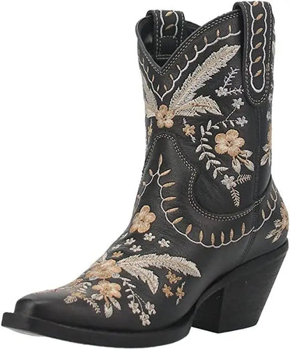 New 2025 Embroidered Western Boots For Women Ankle Bootie Cowboy Cowgirls Flower Print Fashion Chunke Heel Slip On Ankle Boots