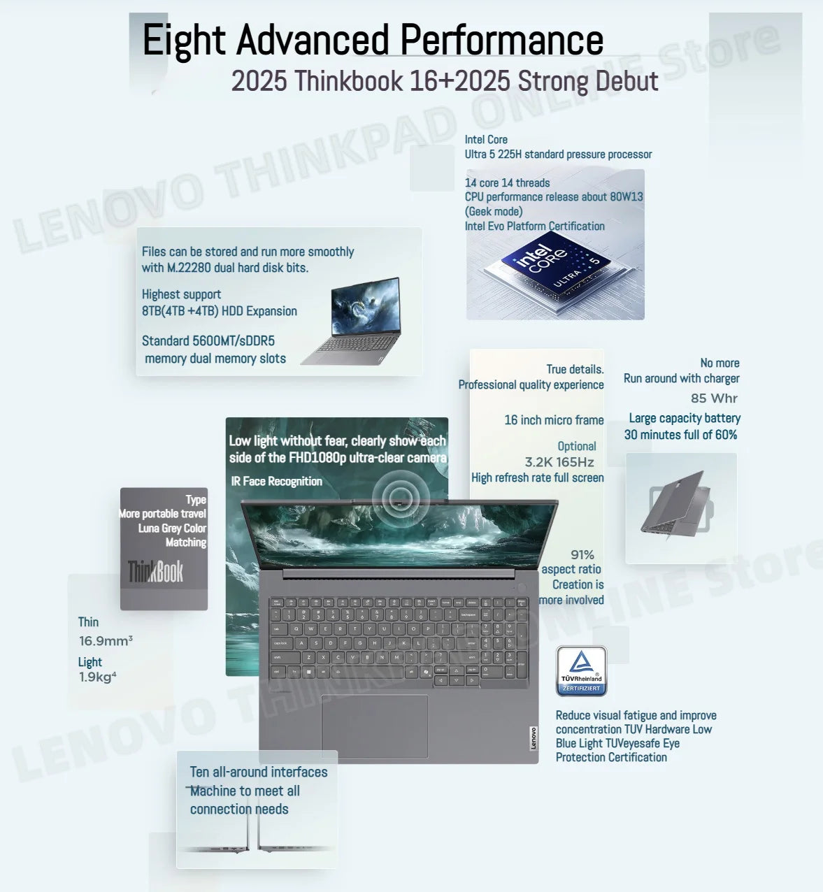Lenovo laptop ThinkBook 16+ 2025 laptop U5 225H/U7 255H/U9 285H 32G+1TB SSD 16'' 3.2K 165Hz