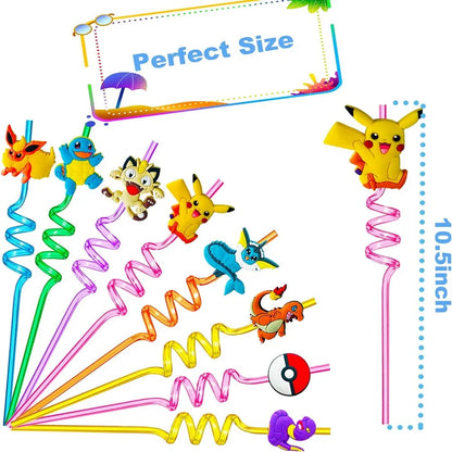 8Pcs/Pack Pokemon Birthday Party Decorations Pikachu Theme Drinking Straws for Kids Baby Shower Cartoon Party Supplies Gift Toys