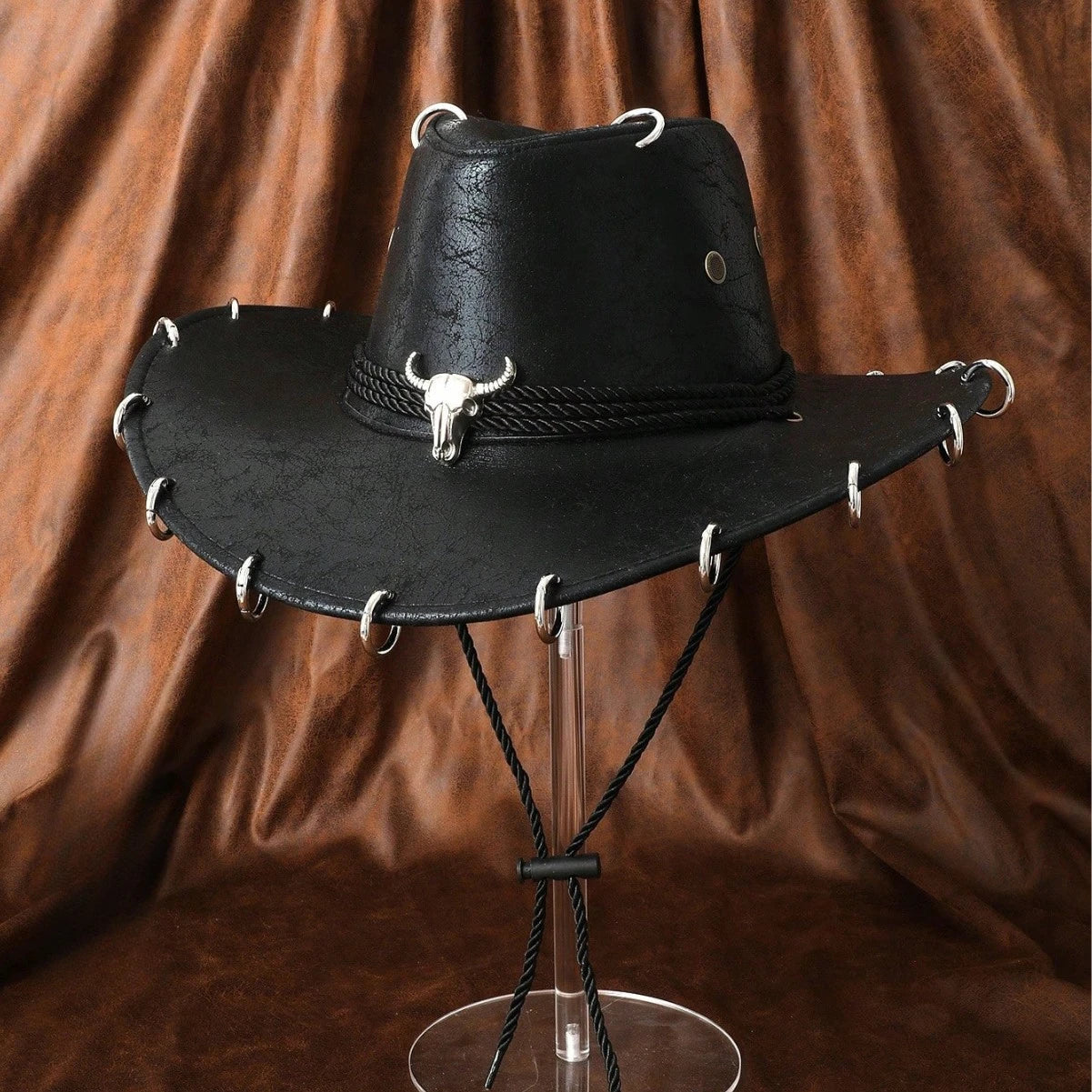 HongLuan – chapeau de Cowboy noir réglable en cuir PU pour hommes et femmes, mode occidentale de voyage, Cowgirl avec Badge Bullhead, chapeaux d'extérieur pour femmes