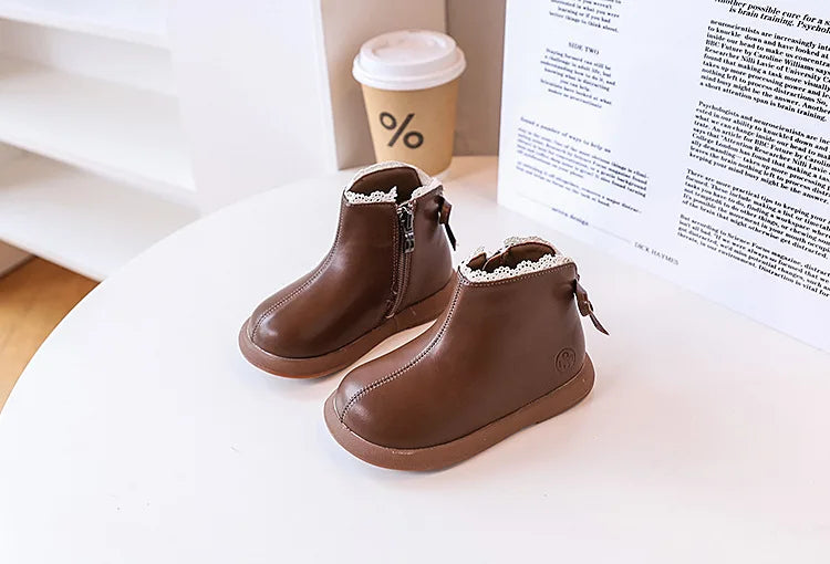 2024 New Autumn Children Boots Leather Girls Ankle Boots  Lace Butterfly-knot  Rubber Sole Fashion Toddler Kids Boots EU 21-30