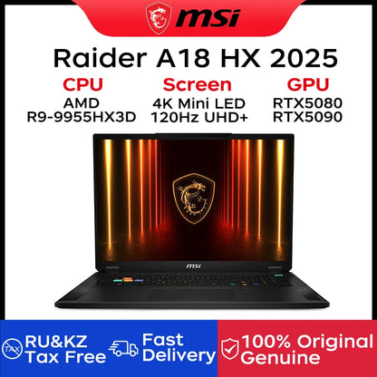 2025 MSI Raider A18 HX Gaming Laptop 18 Inch Mini LED 4K 120Hz UHD+ Screen Netbook AMD R9-9955HX3D 64GB 2TB RTX5080 Notebook PC