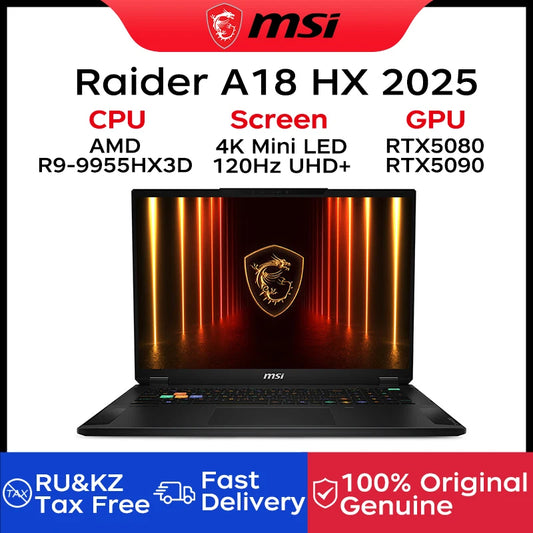 2025 MSI Raider A18 HX Gaming Laptop 18 Inch Mini LED 4K 120Hz UHD+ Screen Netbook AMD R9-9955HX3D 64GB 2TB RTX5080 Notebook PC
